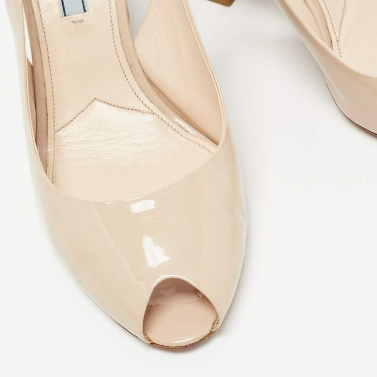 Pre Owned Prada Beige Patent Leather Peep Toe Slingback Pumps Size 40 