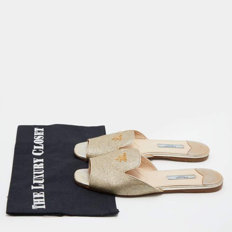 Pre Owned Prada Metallic Gold Glitter Leather Flat Slides Size 36