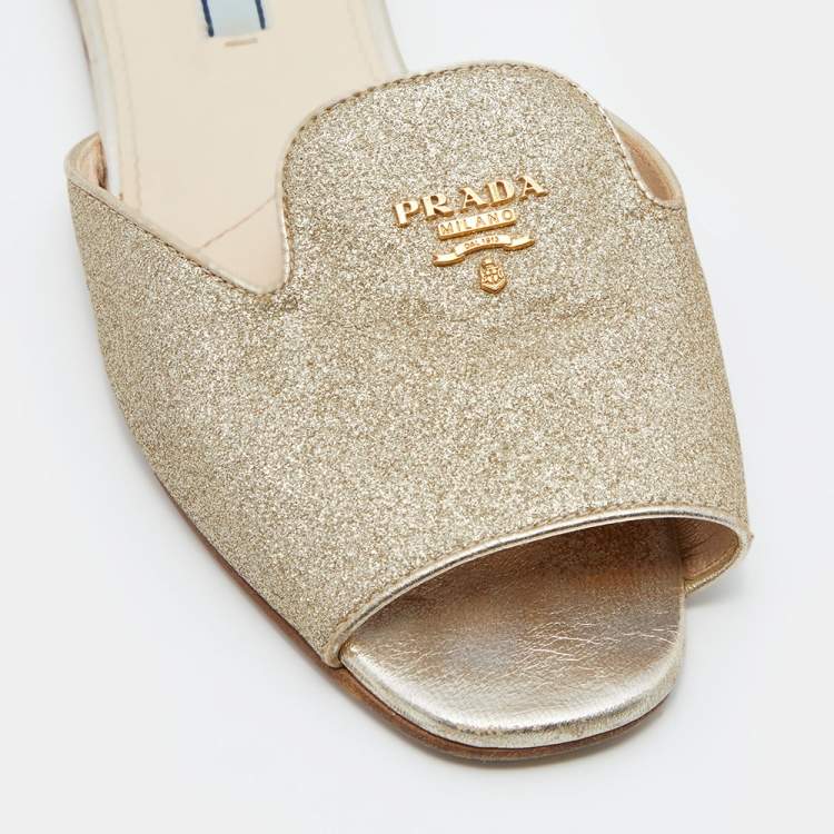Pre Owned Prada Metallic Gold Glitter Leather Flat Slides Size 36
