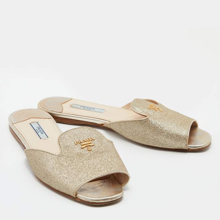 Pre Owned Prada Metallic Gold Glitter Leather Flat Slides Size 36