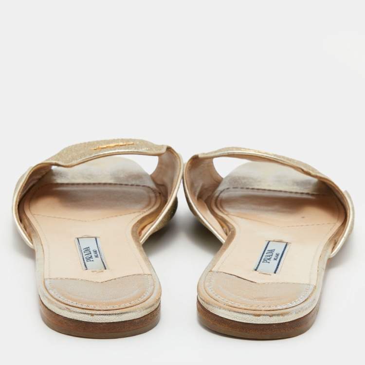 Pre Owned Prada Metallic Gold Glitter Leather Flat Slides Size 36