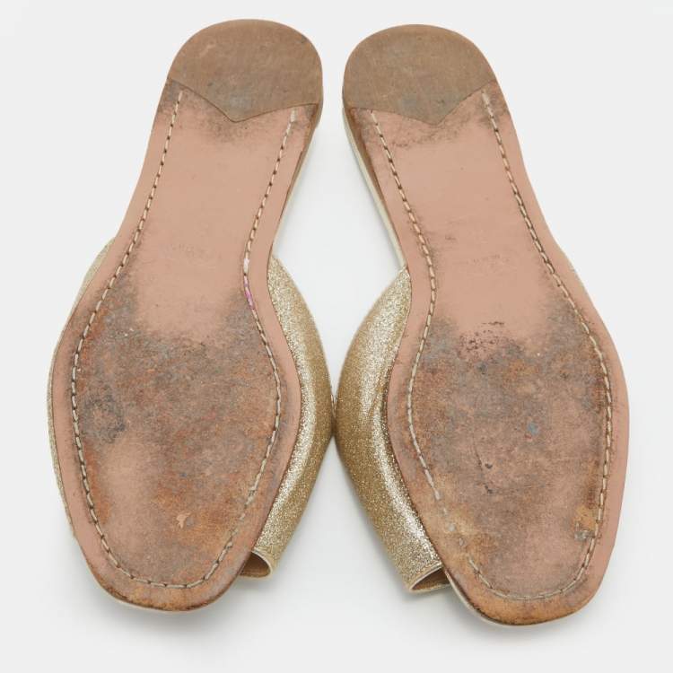 Pre Owned Prada Metallic Gold Glitter Leather Flat Slides Size 36