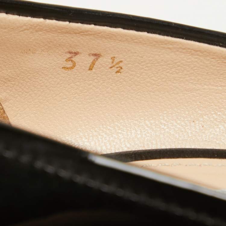 Pre Owned Prada Black Patent Leather Bow Peep Toe Wedge Pumps Size 37.5