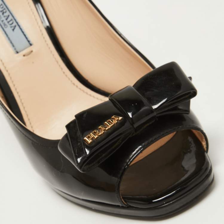 Pre Owned Prada Black Patent Leather Bow Peep Toe Wedge Pumps Size 37.5