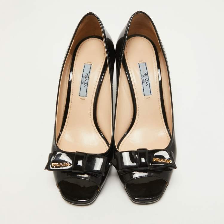 Pre Owned Prada Black Patent Leather Bow Peep Toe Wedge Pumps Size 37.5