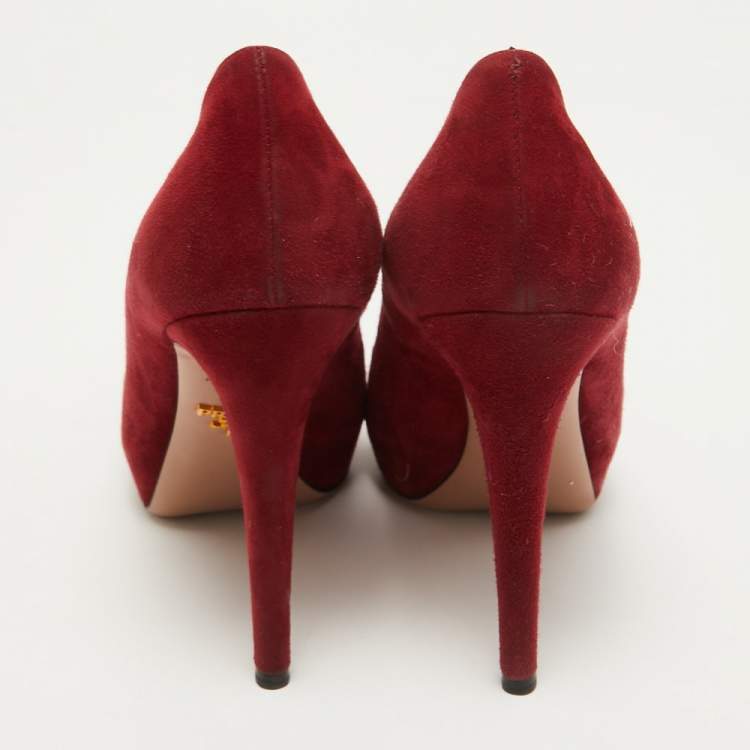 Pre Owned Prada Red Suede Platform Pumps Size 38