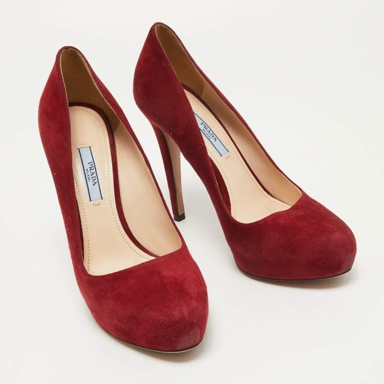 Pre Owned Prada Red Suede Platform Pumps Size 38