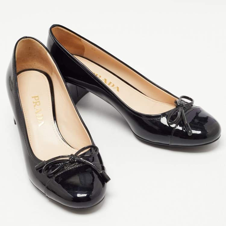 Pre Owned Prada Black Patent Leather Bow Block Heel Pumps Size 35