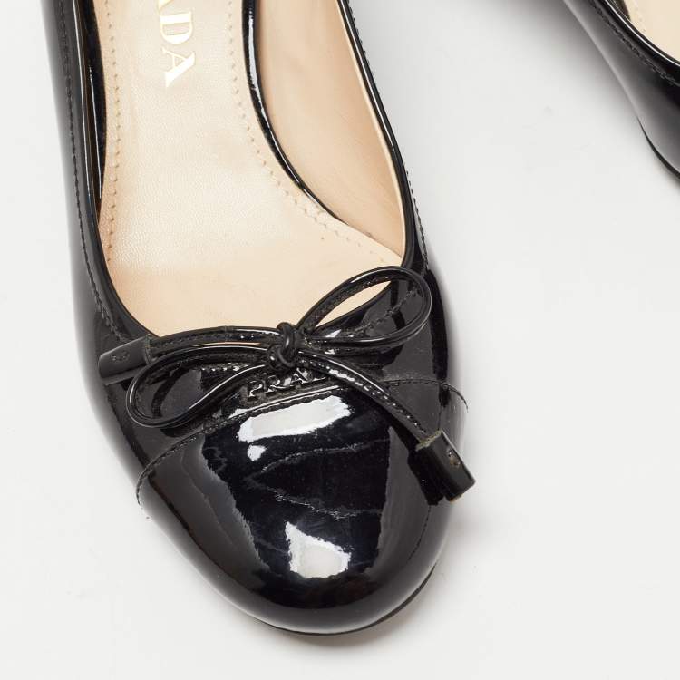 Pre Owned Prada Black Patent Leather Bow Block Heel Pumps Size 35