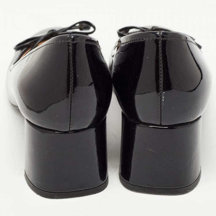 Pre Owned Prada Black Patent Leather Bow Block Heel Pumps Size 35
