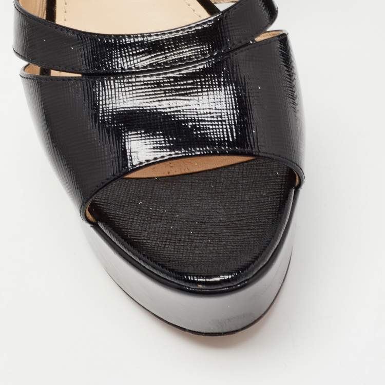 Pre Owned Prada Black Vernice Saffiano Leather Platform Ankle Strap Sandals Size 40