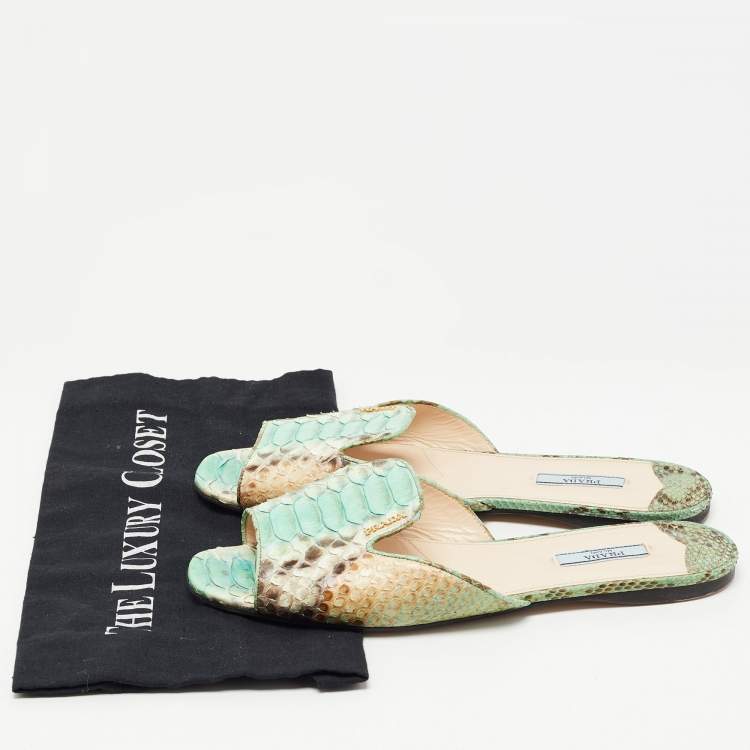 Pre Owned Prada Green/Brown Python Flat Slides Size 41