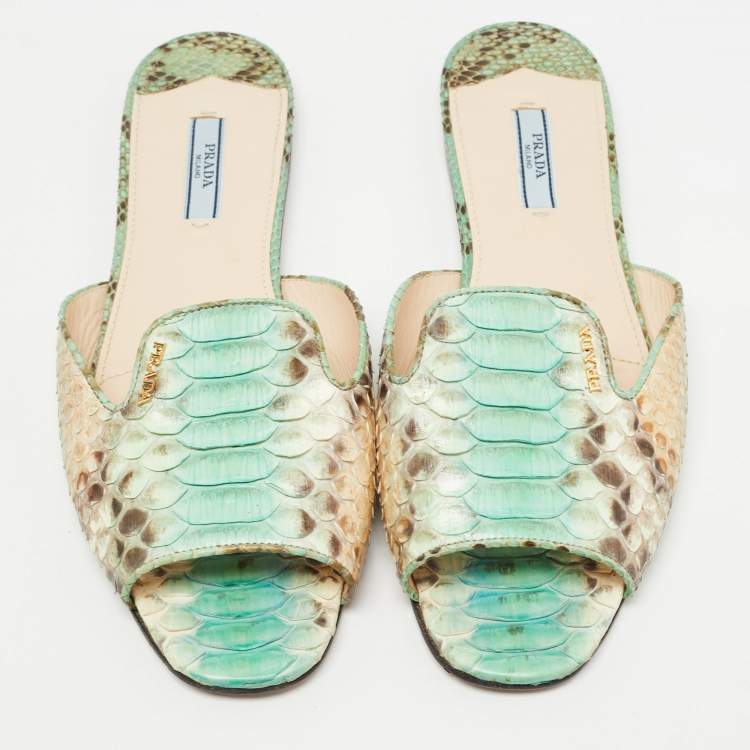 Pre Owned Prada Green/Brown Python Flat Slides Size 41