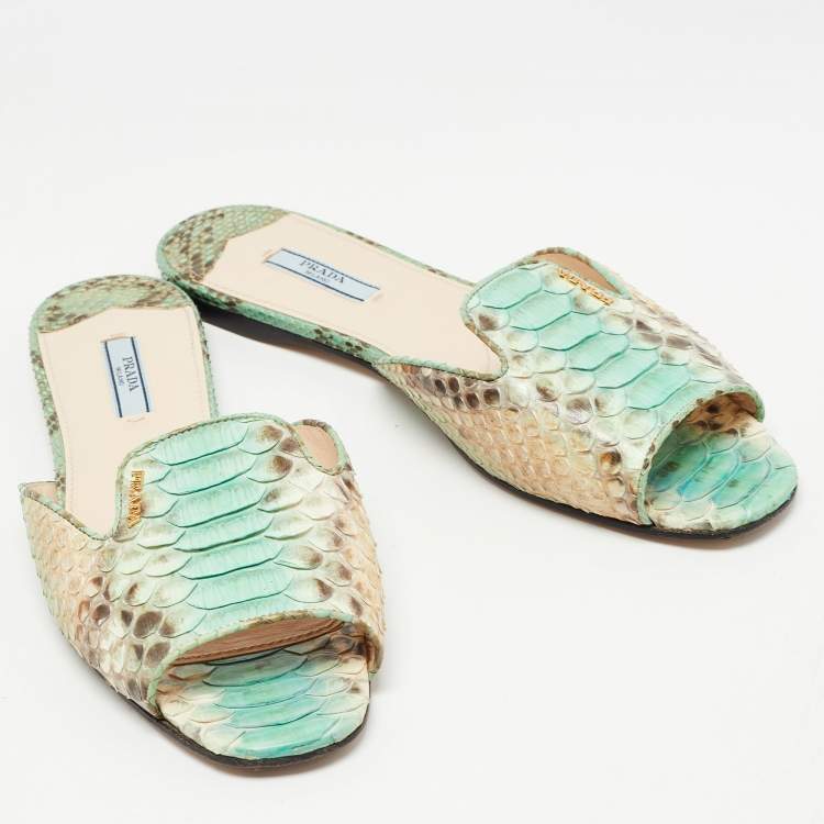 Pre Owned Prada Green/Brown Python Flat Slides Size 41