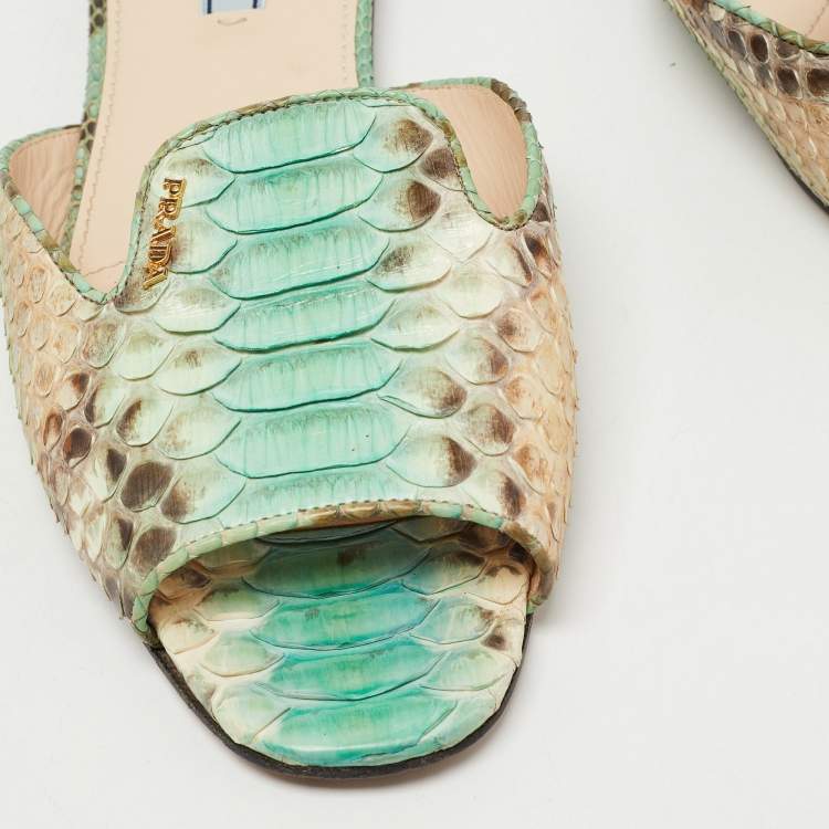 Pre Owned Prada Green/Brown Python Flat Slides Size 41