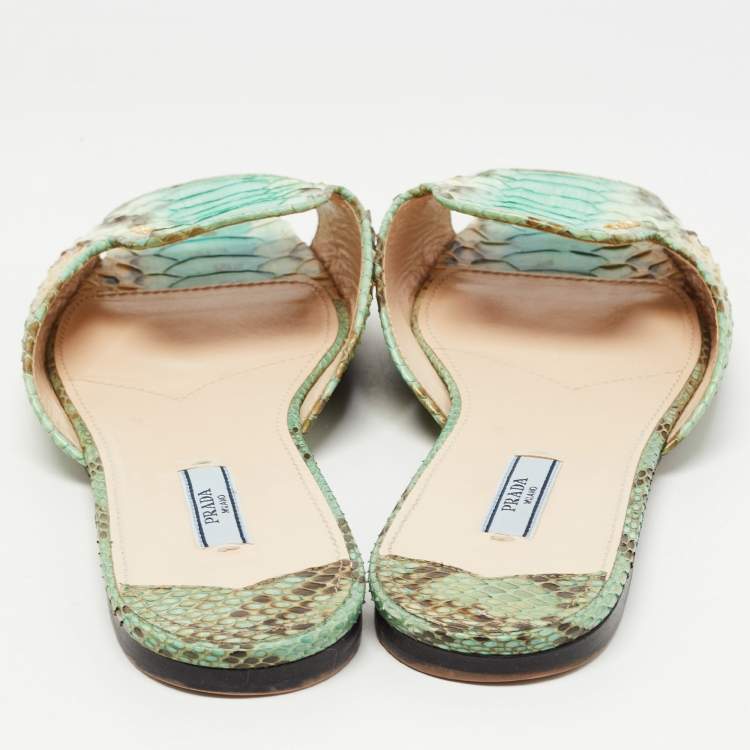 Pre Owned Prada Green/Brown Python Flat Slides Size 41