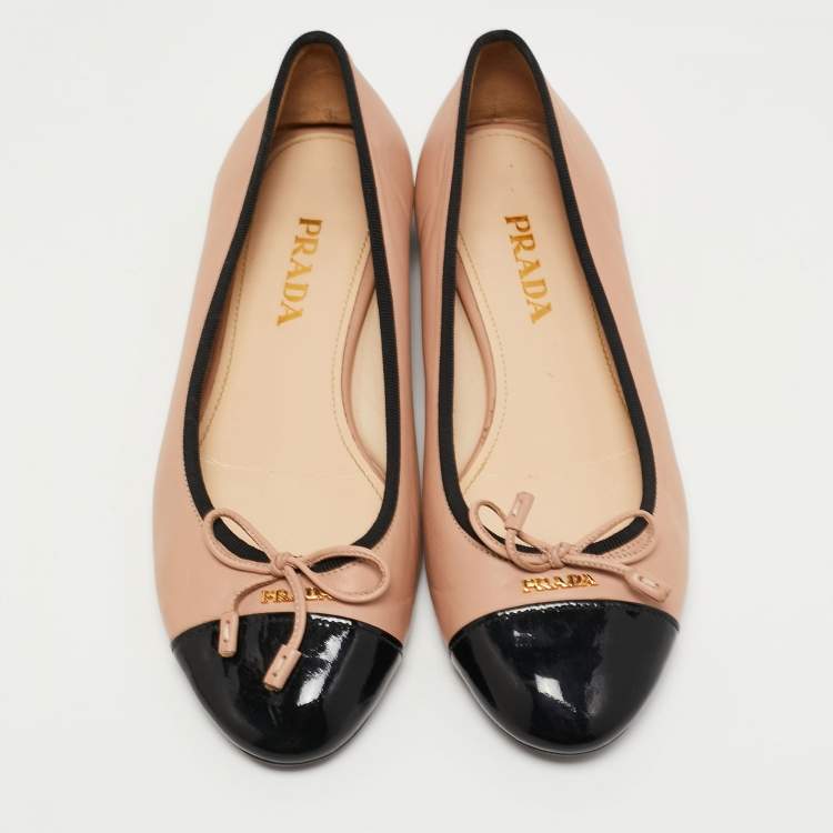 Pre Owned Prada Beige/Black Patent Leather Ballet Flats Size 36