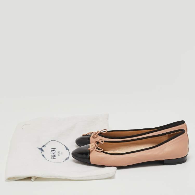 Pre Owned Prada Beige/Black Patent Leather Ballet Flats Size 36