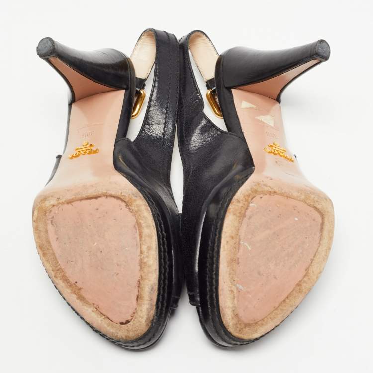 Pre Owned Prada Black Leather Peep Toe Platform Slingback Pumps Size 39.5