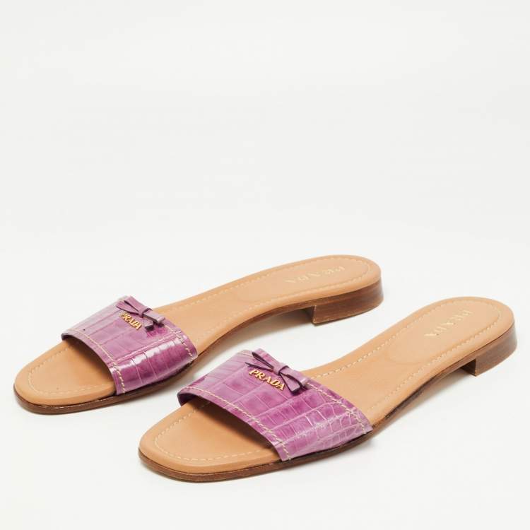 Pre Owned Prada Purple Crocodile Leather Flat Slides Size 41    