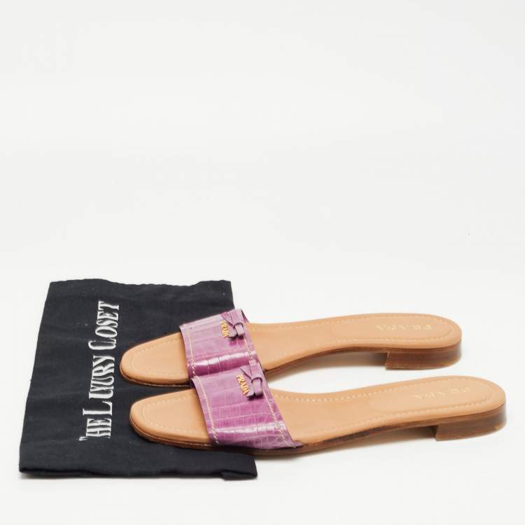 Pre Owned Prada Purple Crocodile Leather Flat Slides Size 41    