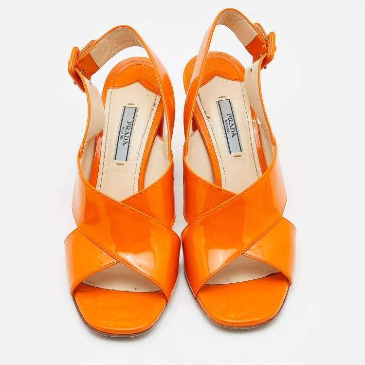 Pre Owned Prada Orange Patent Leather Chriss Cross Slingback Sandals Size 38.5