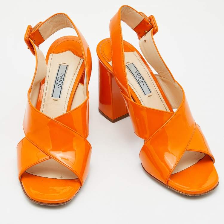 Pre Owned Prada Orange Patent Leather Chriss Cross Slingback Sandals Size 38.5