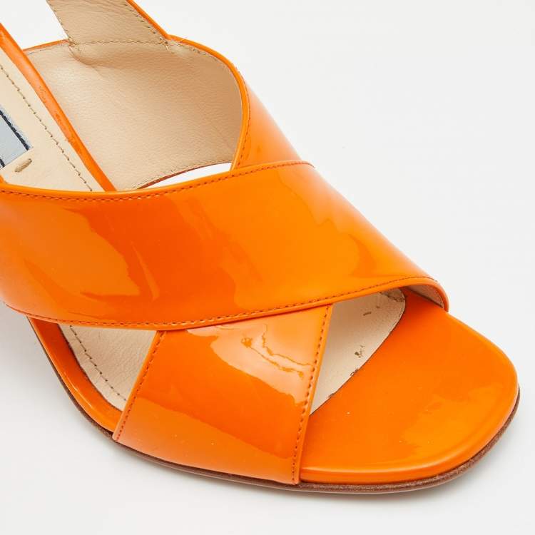 Pre Owned Prada Orange Patent Leather Chriss Cross Slingback Sandals Size 38.5