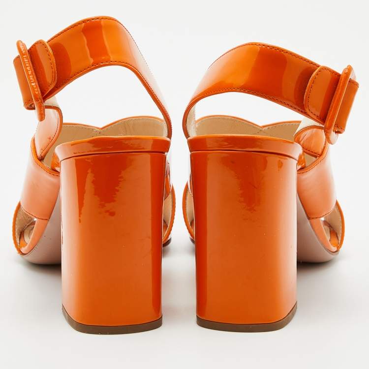 Pre Owned Prada Orange Patent Leather Chriss Cross Slingback Sandals Size 38.5