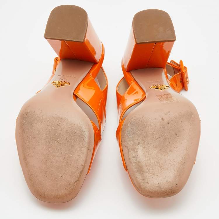 Pre Owned Prada Orange Patent Leather Chriss Cross Slingback Sandals Size 38.5