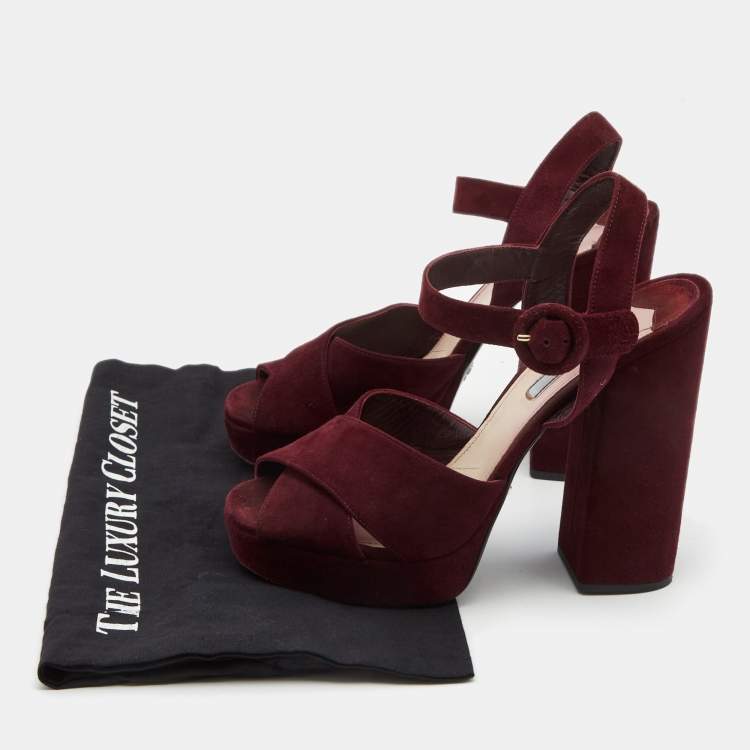 Pre Owned Prada Plum Suede Block Heel Ankle Strap Sandals Size 40