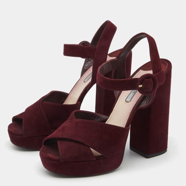 Pre Owned Prada Plum Suede Block Heel Ankle Strap Sandals Size 40