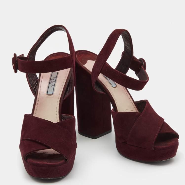 Pre Owned Prada Plum Suede Block Heel Ankle Strap Sandals Size 40