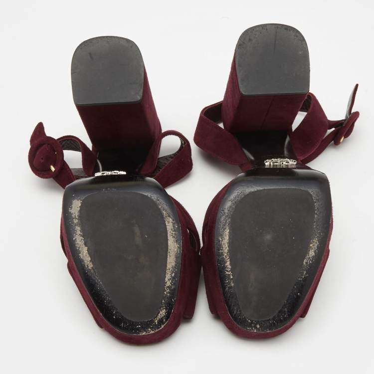Pre Owned Prada Plum Suede Block Heel Ankle Strap Sandals Size 40
