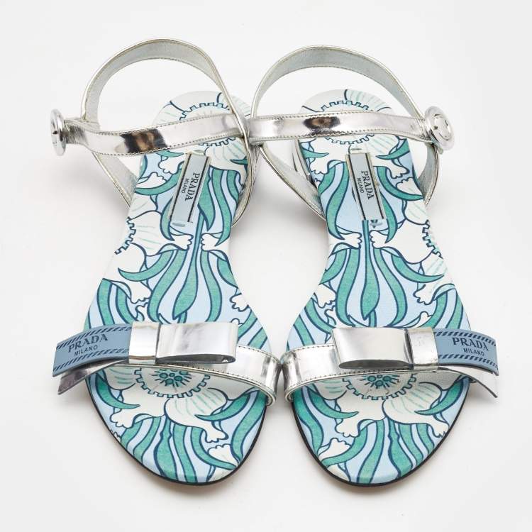 Pre Owned Prada Silver Leather Floral Print Ankle Strap Flat Sandals Size 38