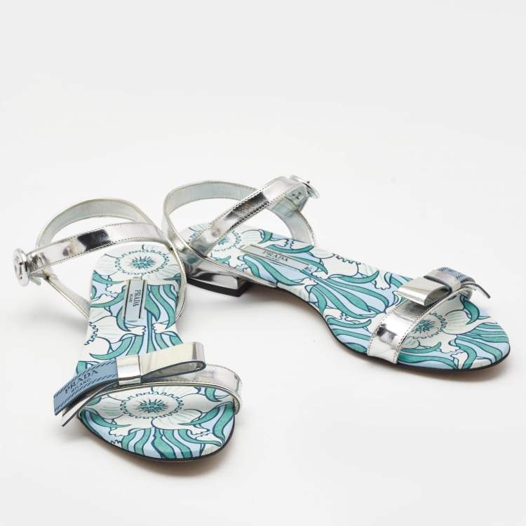 Pre Owned Prada Silver Leather Floral Print Ankle Strap Flat Sandals Size 38