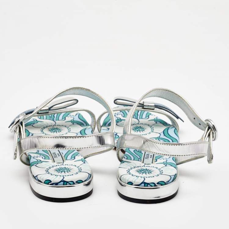 Pre Owned Prada Silver Leather Floral Print Ankle Strap Flat Sandals Size 38