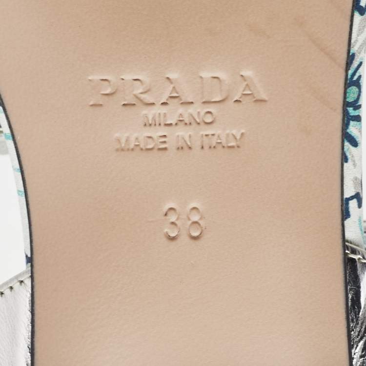 Pre Owned Prada Silver Leather Floral Print Ankle Strap Flat Sandals Size 38