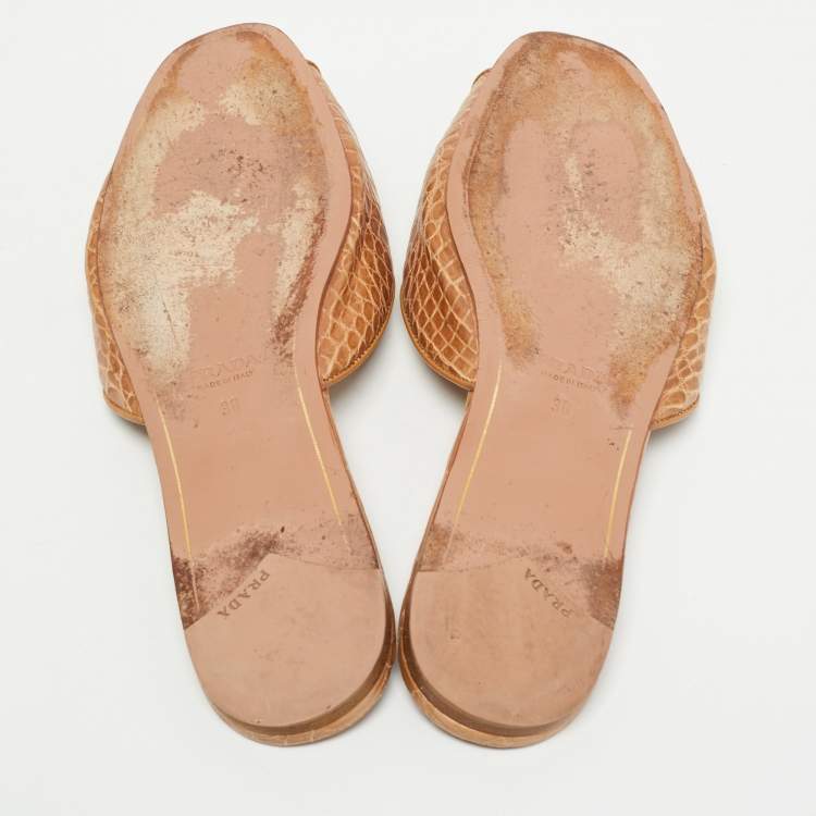 Pre Owned Prada Brown Croc Embossed Leather Crystal Embellished Flat Slides Size 38
