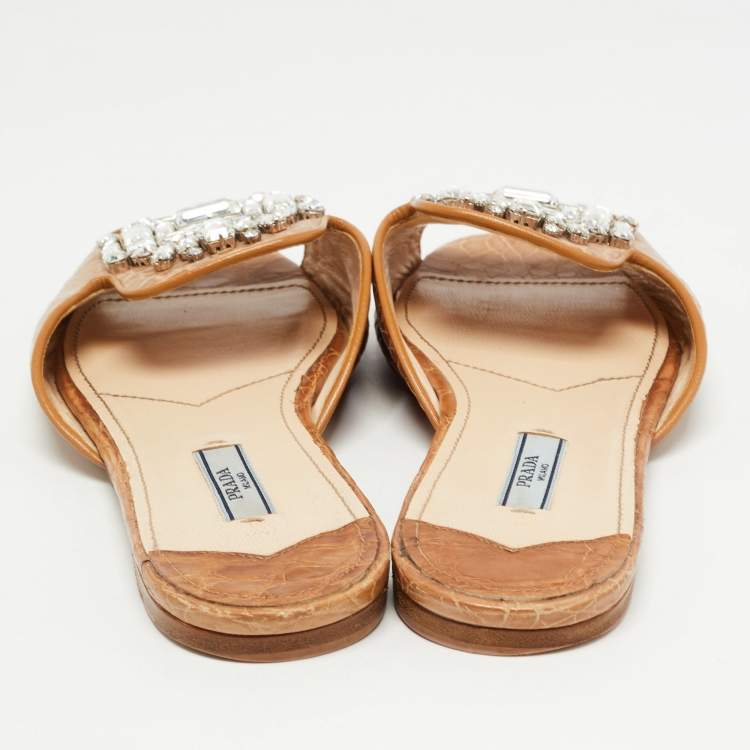 Pre Owned Prada Brown Croc Embossed Leather Crystal Embellished Flat Slides Size 38