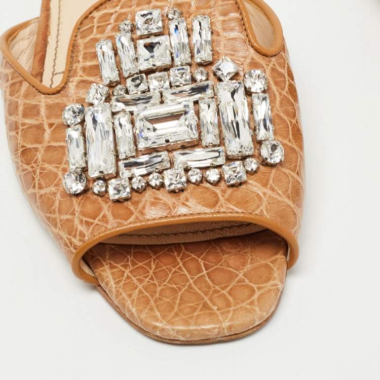 Pre Owned Prada Brown Croc Embossed Leather Crystal Embellished Flat Slides Size 38