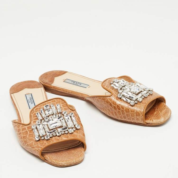 Pre Owned Prada Brown Croc Embossed Leather Crystal Embellished Flat Slides Size 38