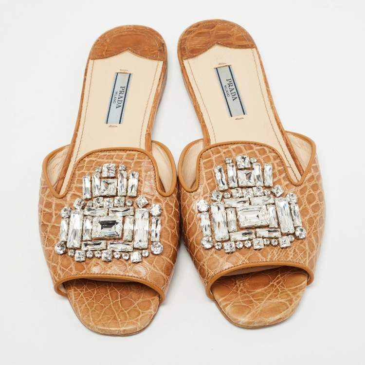 Pre Owned Prada Brown Croc Embossed Leather Crystal Embellished Flat Slides Size 38