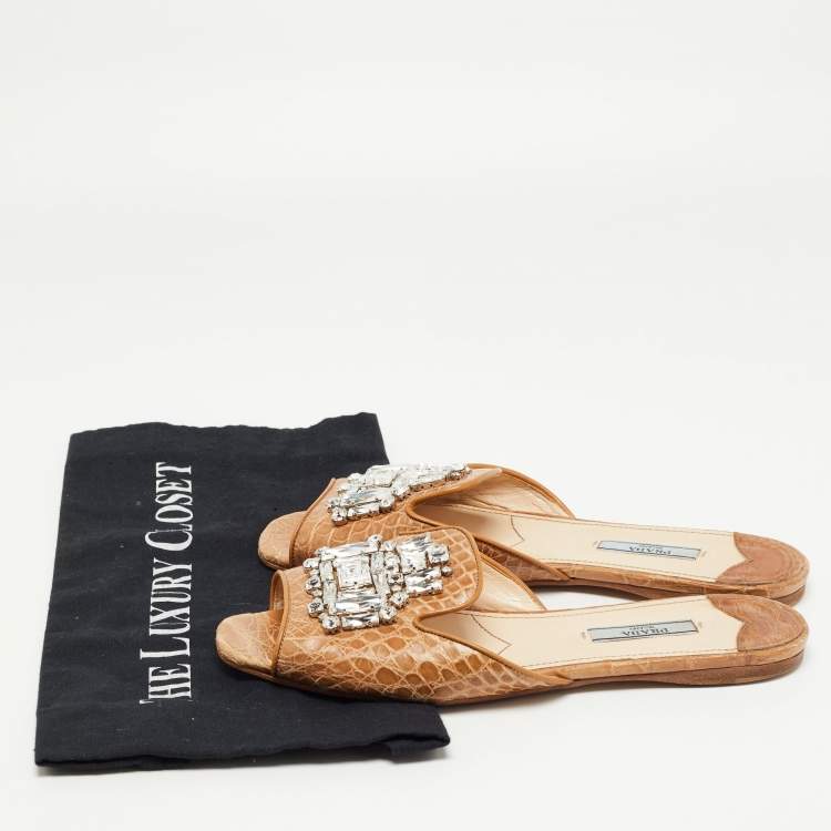 Pre Owned Prada Brown Croc Embossed Leather Crystal Embellished Flat Slides Size 38