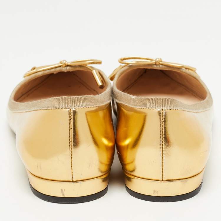 Pre Owned Prada Gold Leather Bow Pointed Toe Ballet Flats Size 36