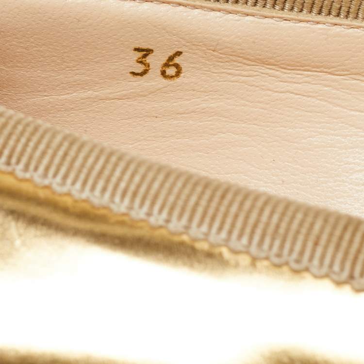 Pre Owned Prada Gold Leather Bow Pointed Toe Ballet Flats Size 36