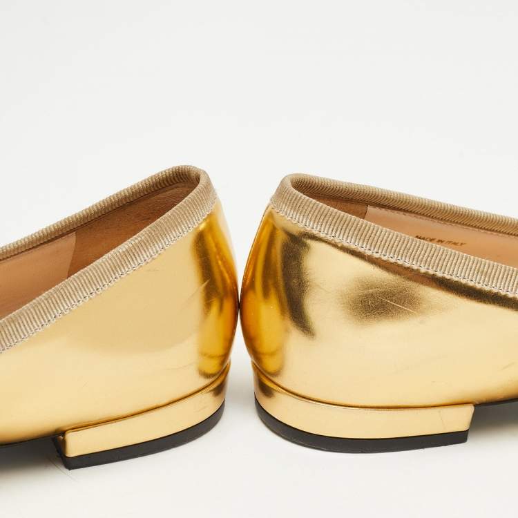 Pre Owned Prada Gold Leather Bow Pointed Toe Ballet Flats Size 36