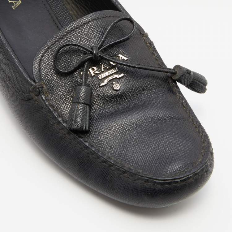 Pre Owned Prada Black Leather Bow Detail Loafers Size 38