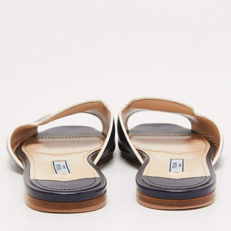 Pre Owned Prada Navy Blue Vernice Saffiano Leather Flat Slides Size 36