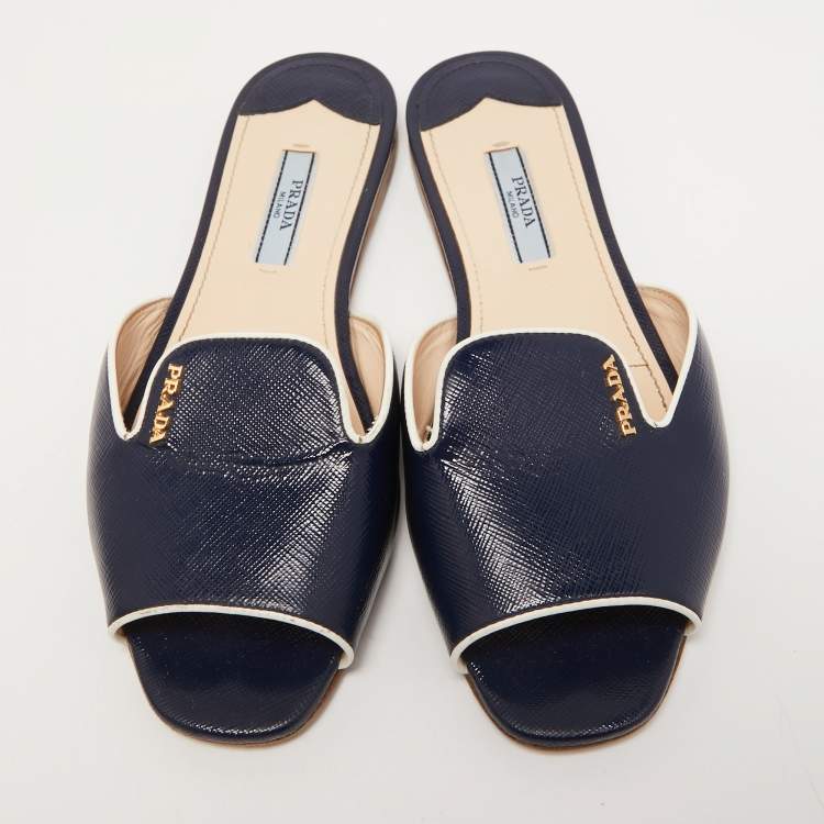 Pre Owned Prada Navy Blue Vernice Saffiano Leather Flat Slides Size 36